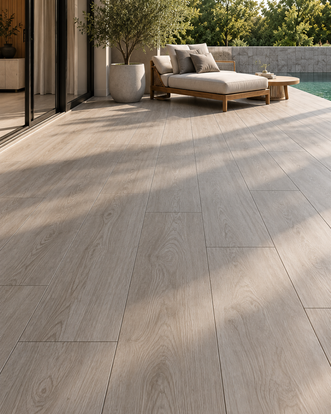 Carrelage Nordby Grey sur terrasse extérieure côté piscine